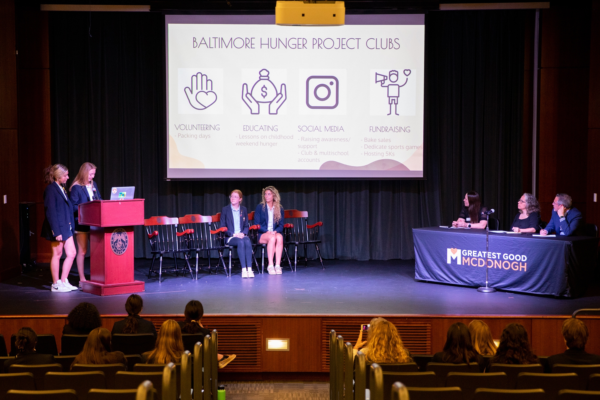 <b>2.</b> After partnering with the Baltimore Hunger Project, 11th-grade McDonogh students pitch their innovative solutions to enhance the operations of the organization.
